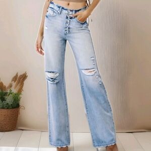 Kancan 90's Flare Denim High Rise Distressed Button Fly Jeans Size 11 NWT